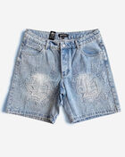 Hasta Muerte Flame Denim Shorts With Rhinestone  HM-FLAMEDENIMRS-SHORTS Blue 1
