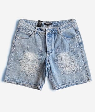 Flame Denim Shorts With Rhinestone 
