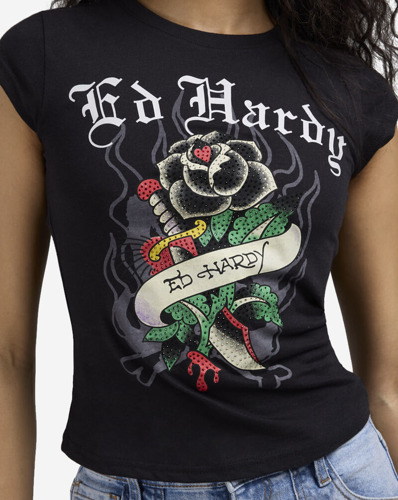 Ed Hardy Black Rose Rhinestone Cap Sleeve Tee EHDT1107-29RS Black 3