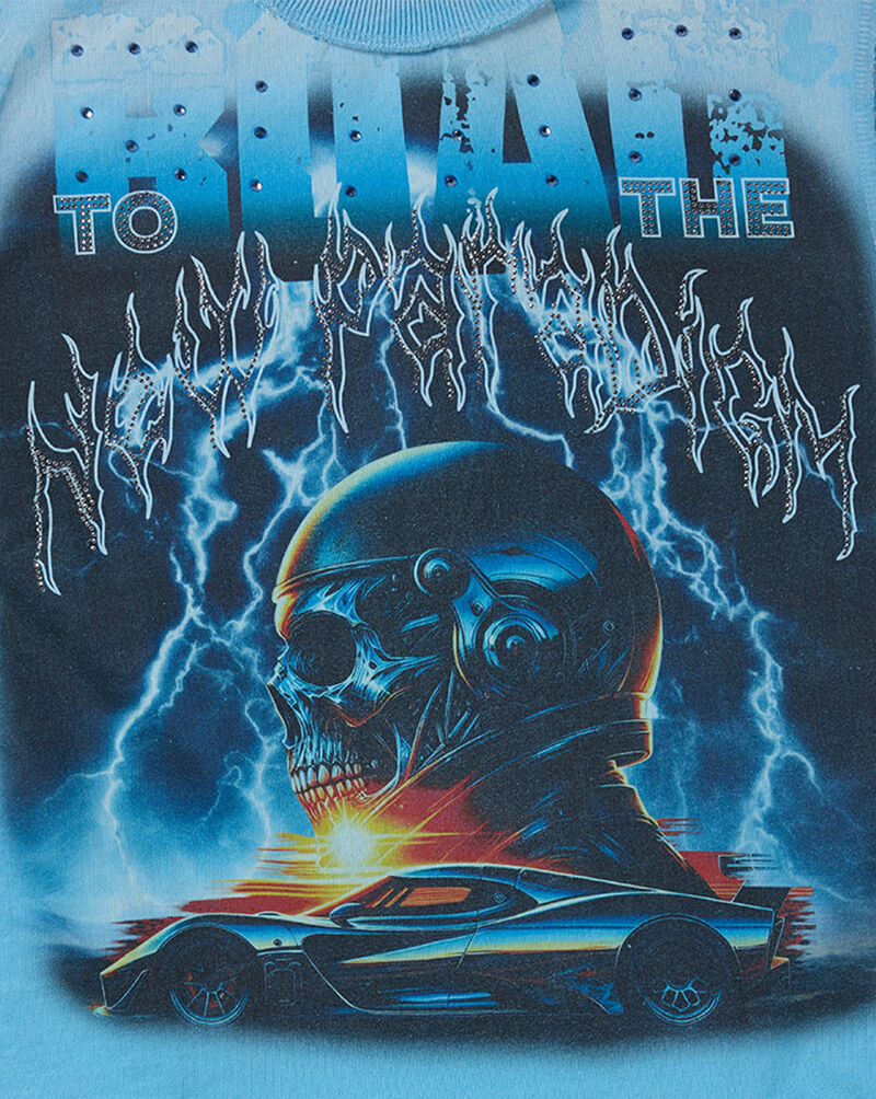 First Row Kids' 3/4 Sleeve Skull Terry Rhinestone Tee FRBM1047 Blue 2