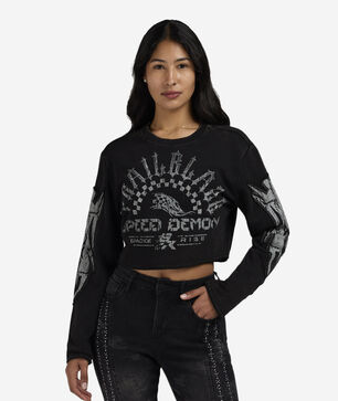 Crop Rhinestone Graphic Long Sleeve Crewneck