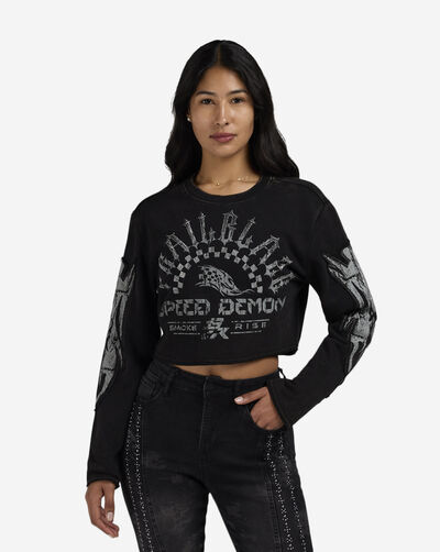 Crop Rhinestone Graphic Long Sleeve Crewneck