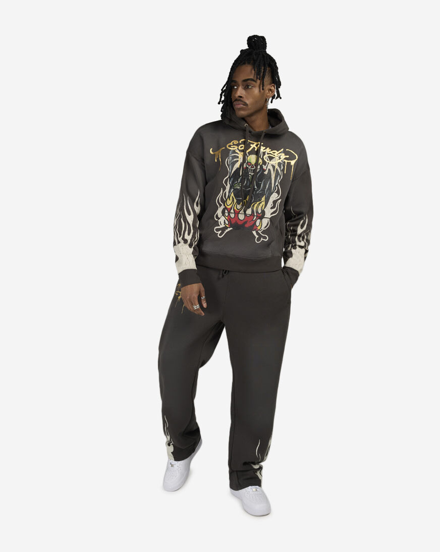 Shop Ed Hardy Fire Lord Pullover Fleece Hoodie EHM1302-18-GRY grey