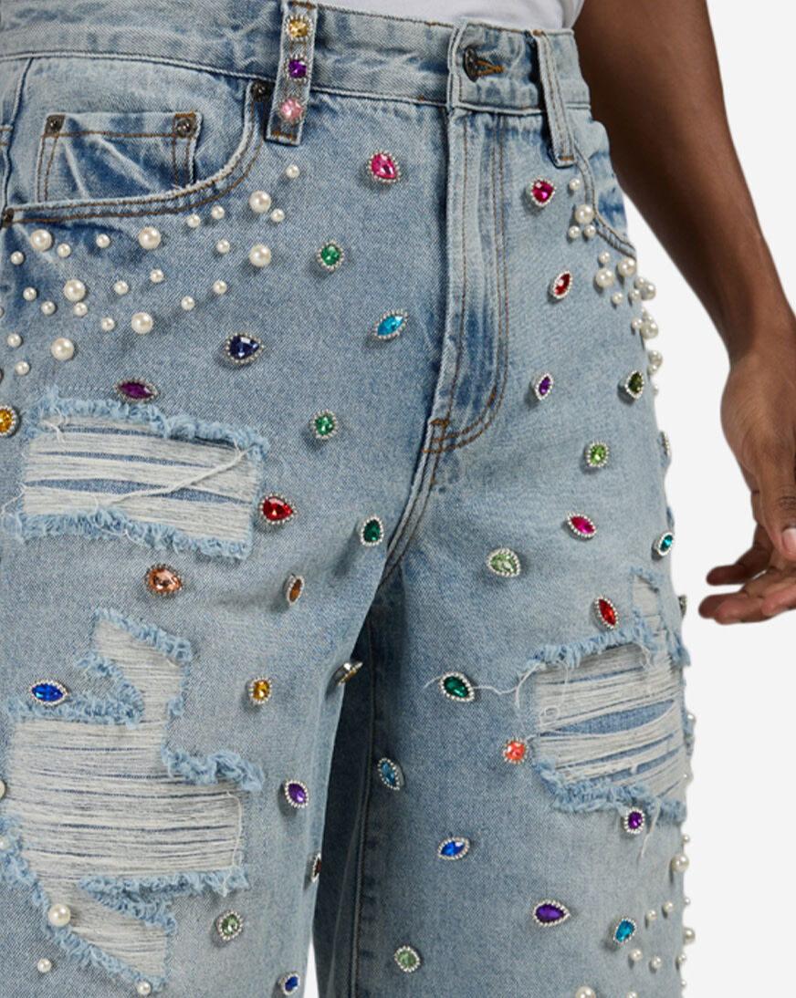 Shop Decibel Embellished Denim Shorts SSWB006-BLU blue | SNIPES USA