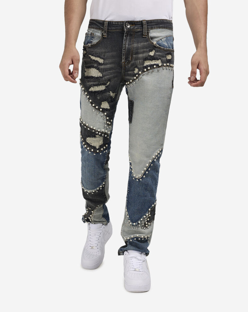 Decibel 5 Pkt Patchwork Pearl Rhinestone Jean DECWB487-IND Blue 1