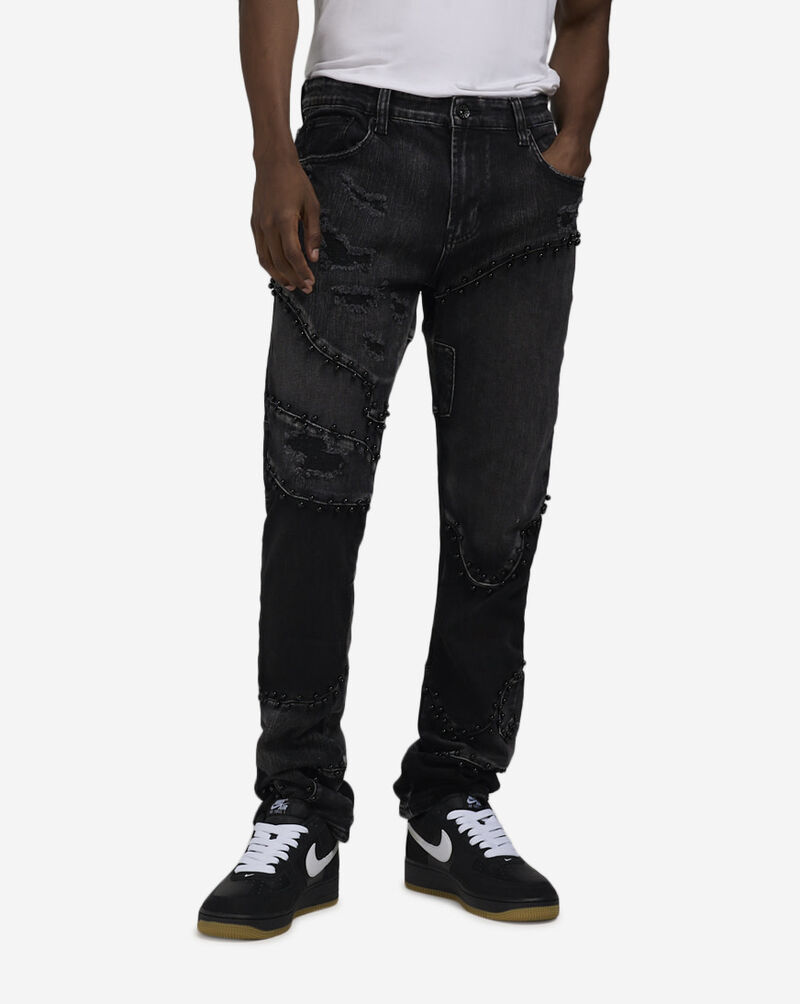 Decibel 5 Pkt Patchwork Pearl Rhinestone Jean DECWB488-BLK Black 1