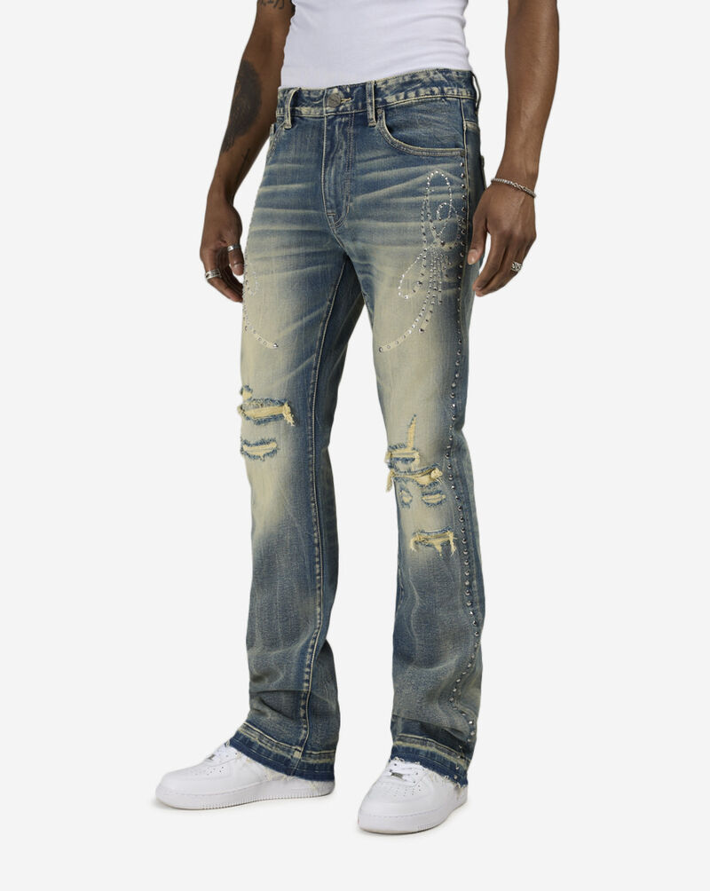 Smoke Rise Studded Rip Repair Stacked Flare Jeans  JP25712SNZ-BLU Blue 1