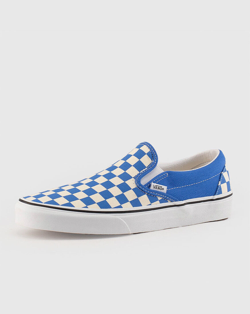 blue slip on checkered vans