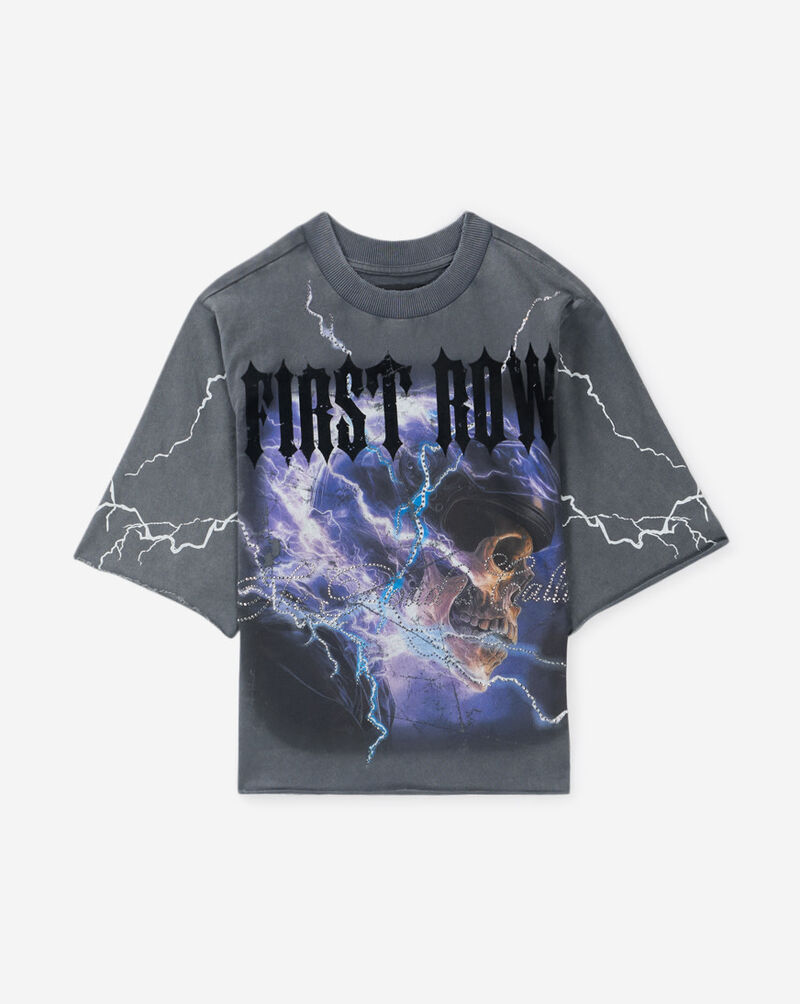 First Row Kids' Lightning Rhinestone Skull Terry Tee  FRBM3079S Grey 1