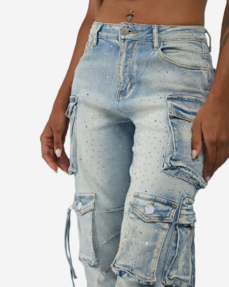 American Bazi 6PKT Rhinestone Cargo Denim RJH-10946-LTBLU Blue 3