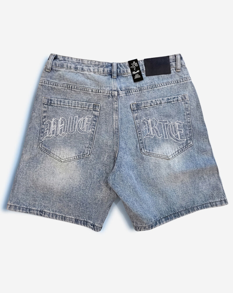 Hasta Muerte Flame Denim Shorts With Rhinestone  HM-FLAMEDENIMRS-SHORTS Blue 2