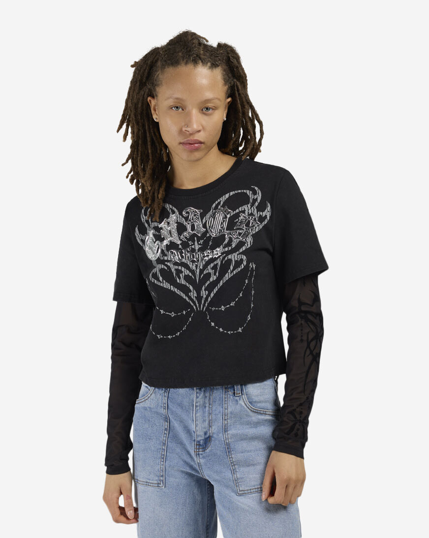 Shop Smoke Rise Flocked Mesh Long Sleeve Top RKT26S401SN-BLACK