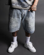 Hasta Muerte Flame Denim Shorts With Rhinestone  HM-FLAMEDENIMRS-SHORTS Blue 3