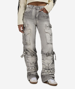 Wide Leg Grommet Cargo Denim Jeans