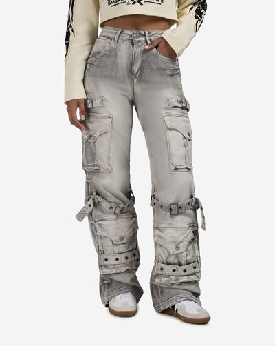 Wide Leg Grommet Cargo Denim Jeans
