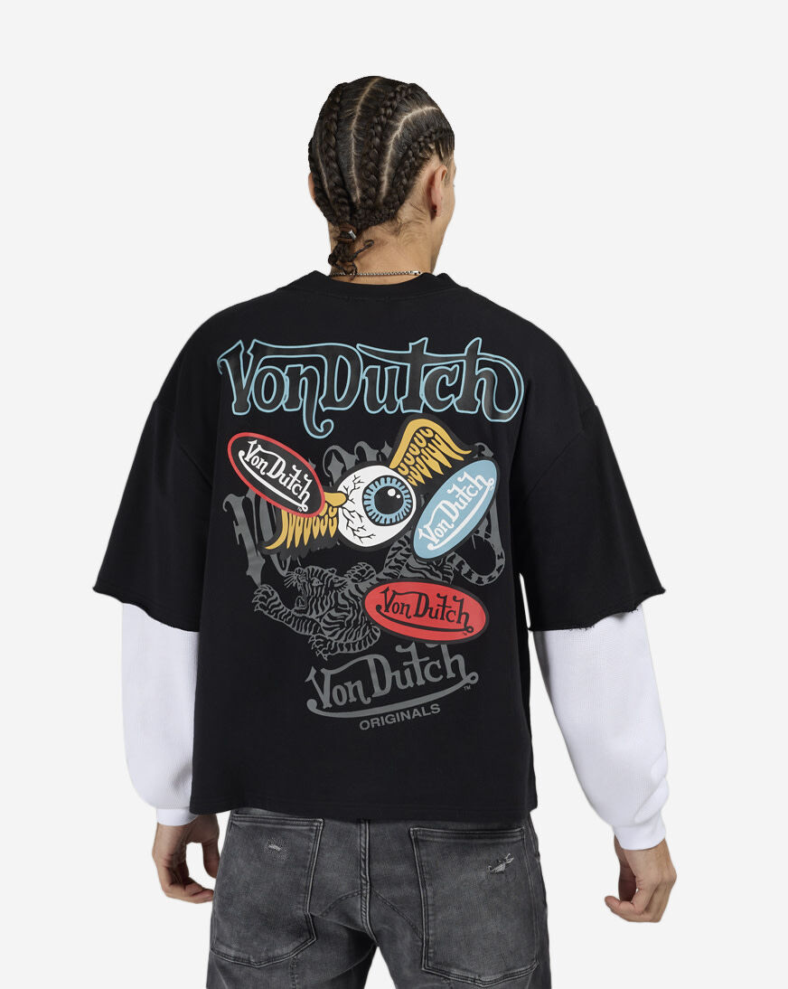Shop Von Dutch Fleece Flame Eye Logo Long Sleeve Boxy 2-Fer Tee