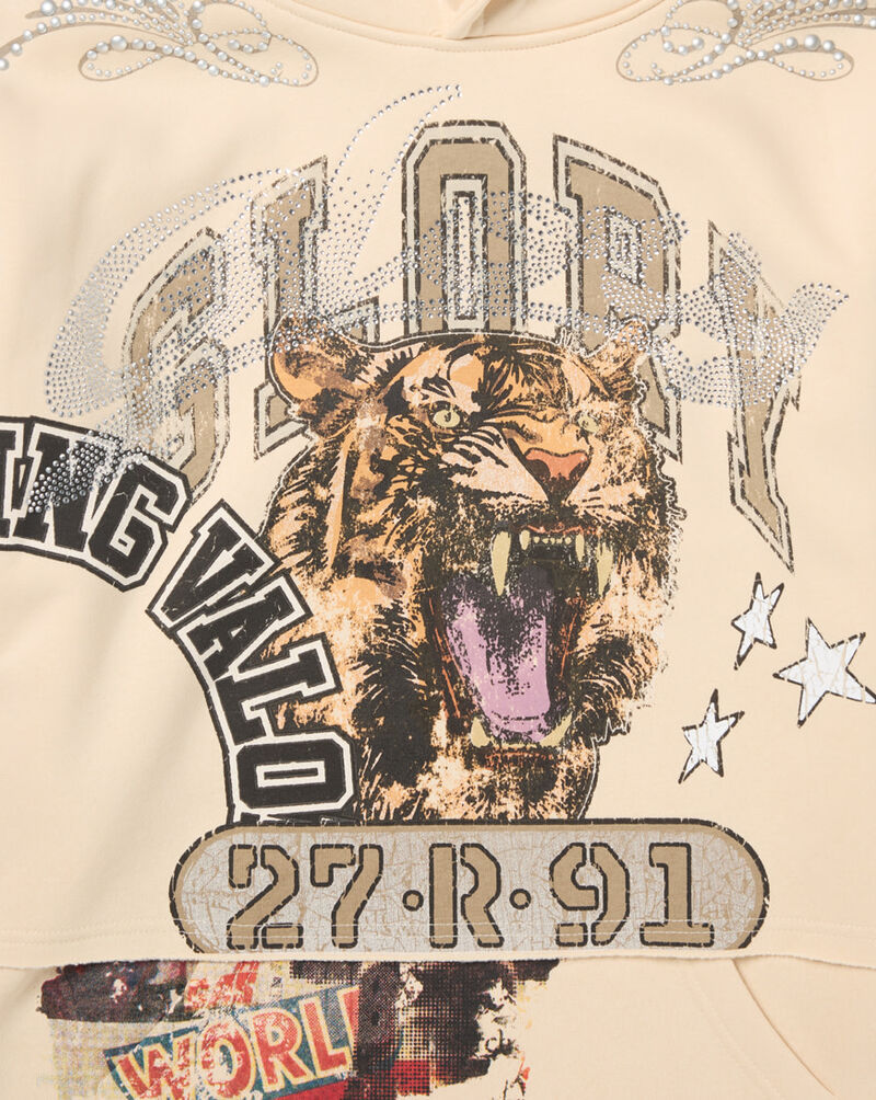 Smoke Rise Kids' Cropped Pull Over Tiger Smiley Fleece Hoodie BFO26F669SN cream 3