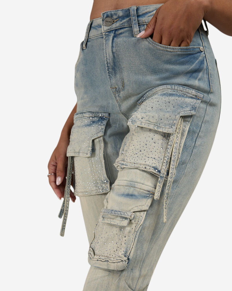 Smoke Rise Cargo Stacked Rhinestone Denim Pant RJP26S407SN-LEOBLUE Blue 3
