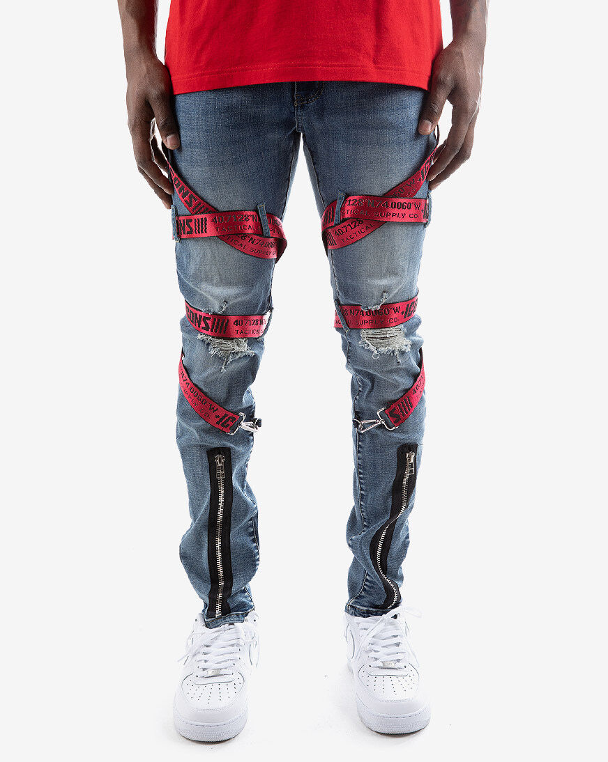 Eternity Red Straps Denim Pants Mens 