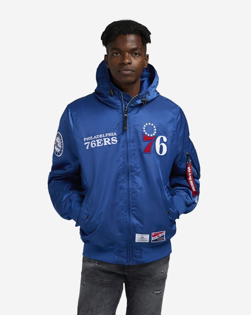 New Era Alpha Industries Historic L-2B Philadelphia 76ers Hooded Bomber Jacket 60564144 Blue 1