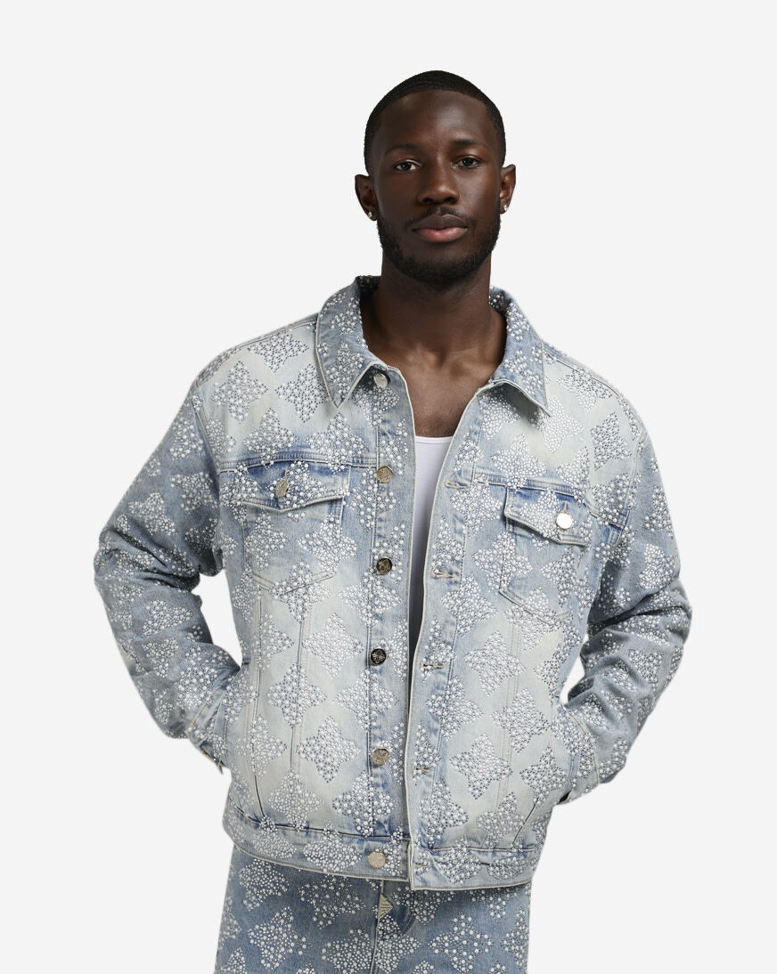 Shop Guapi Embellished Denim Jacket EMB-DNM-JKT-AQUA blue