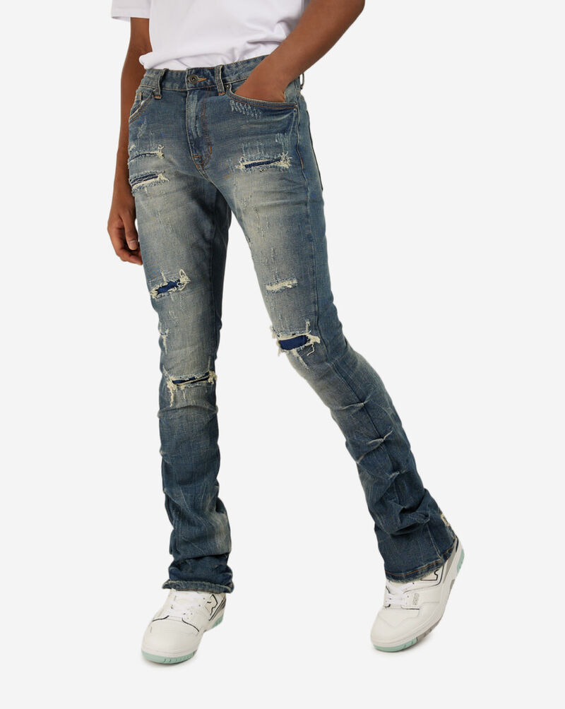 Smoke Rise Distressed Stacked Flare Jeans JP23733SNZ-BLU Blue 1