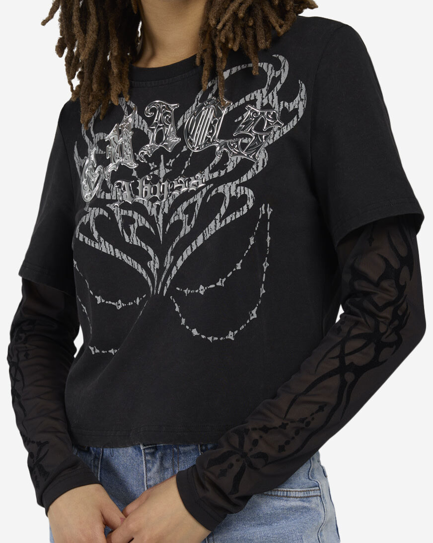 Shop Smoke Rise Flocked Mesh Long Sleeve Top RKT26S401SN-BLACK