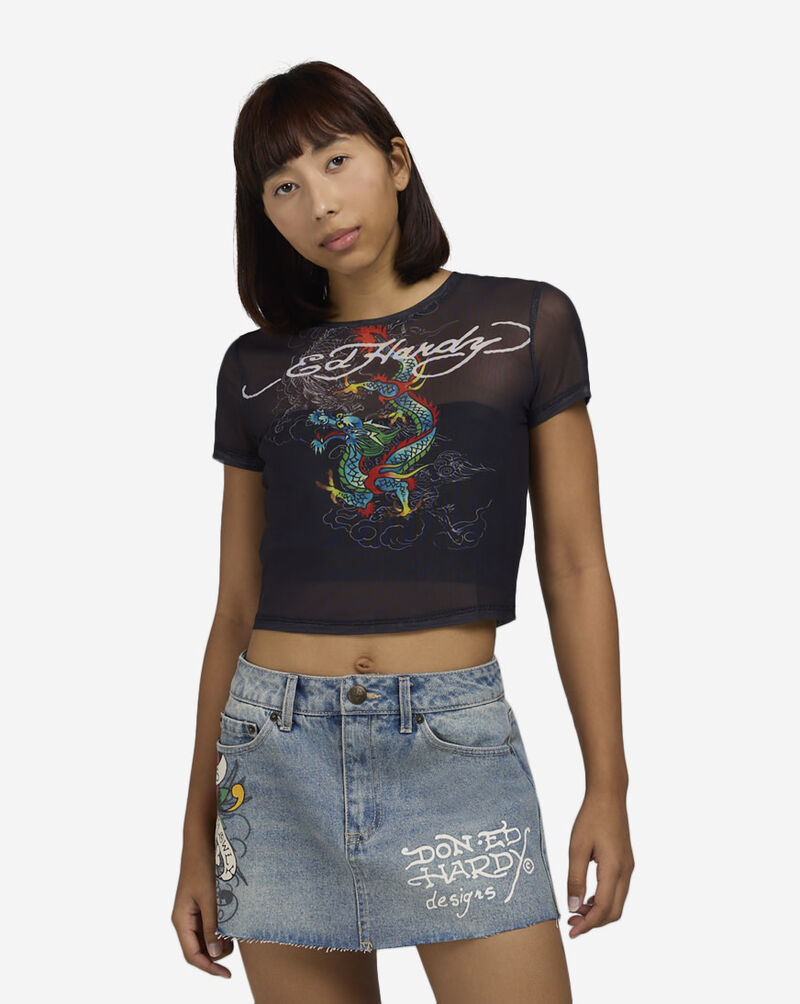 Ed Hardy Dragon Print Mesh Cropped Tee EHW1414-7-BLK Black 1