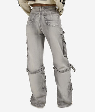 Wide Leg Grommet Cargo Denim Jeans