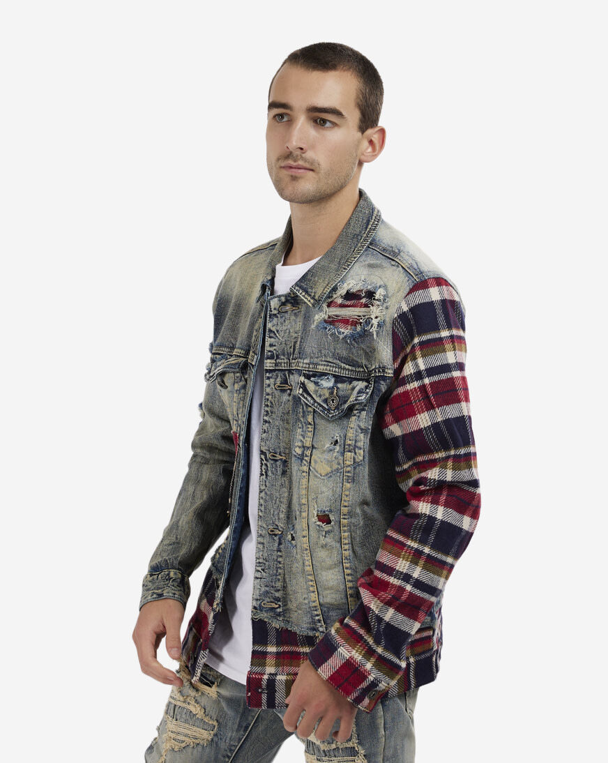Mixed Media Plaid Denim Jacket JJ-21619 