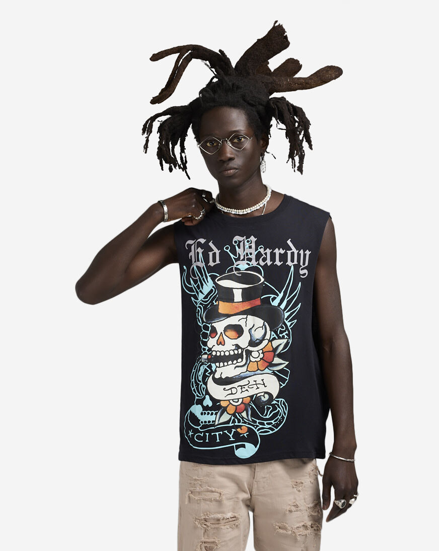 Shop Ed Hardy Skull Top Hat Muscle Tank EHM1000-11-BLK black