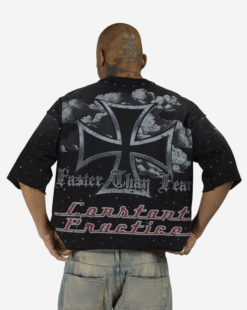 First Row Road to the New Paradigm Eagle and Cross Mini Terry Cropped Tee FRM1043S-BLK Black 2