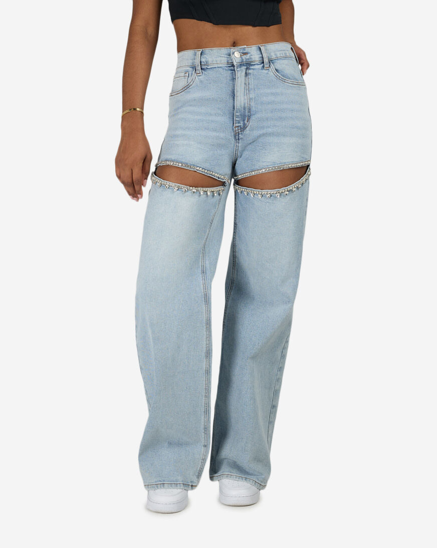 Shop Vibrant Rhinestone Thigh Slits Denim XPT627SN blue | SNIPES USA