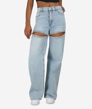 Rhinestone Thigh Slits Denim