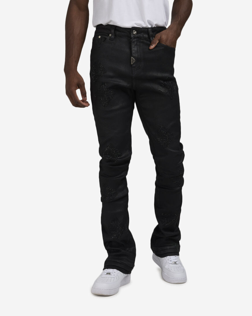 Shop Guapi Monogram Embellished Denim Jeans OBSIDIAN-BLK