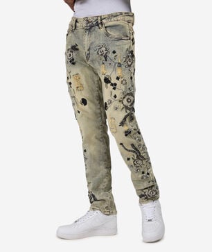 Embroidery Floral Print Stacked Jean