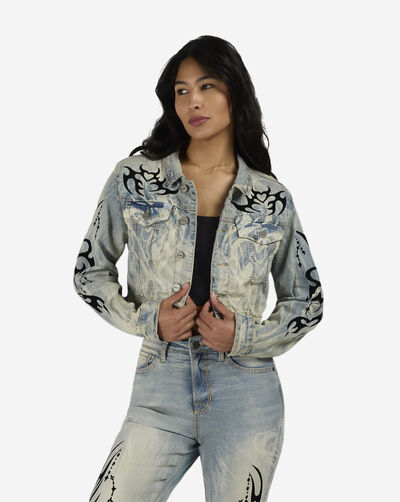 Flocked Thorn Heart Denim Jacket