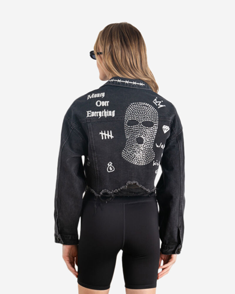 Trio Urban Ski Mask Rhinestone Denim Jacket W16-BLK Black 3