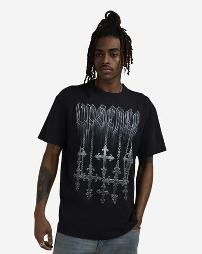 Chrome Hanging Crosses Acid Washed Tee