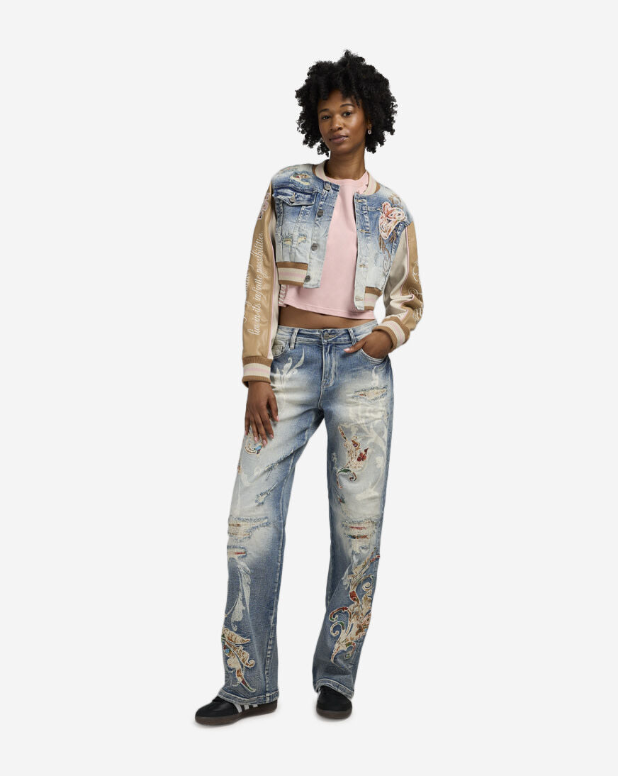 Shop Smoke Rise Wide Leg Distressed Tapestry Denim Jeans AP25601SN