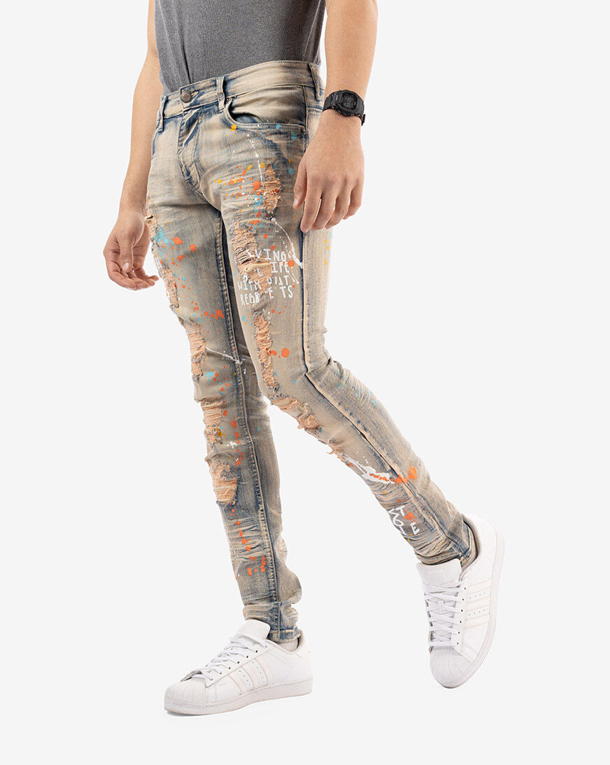 Copper Rivet Printed Ripped Jeans Mens 