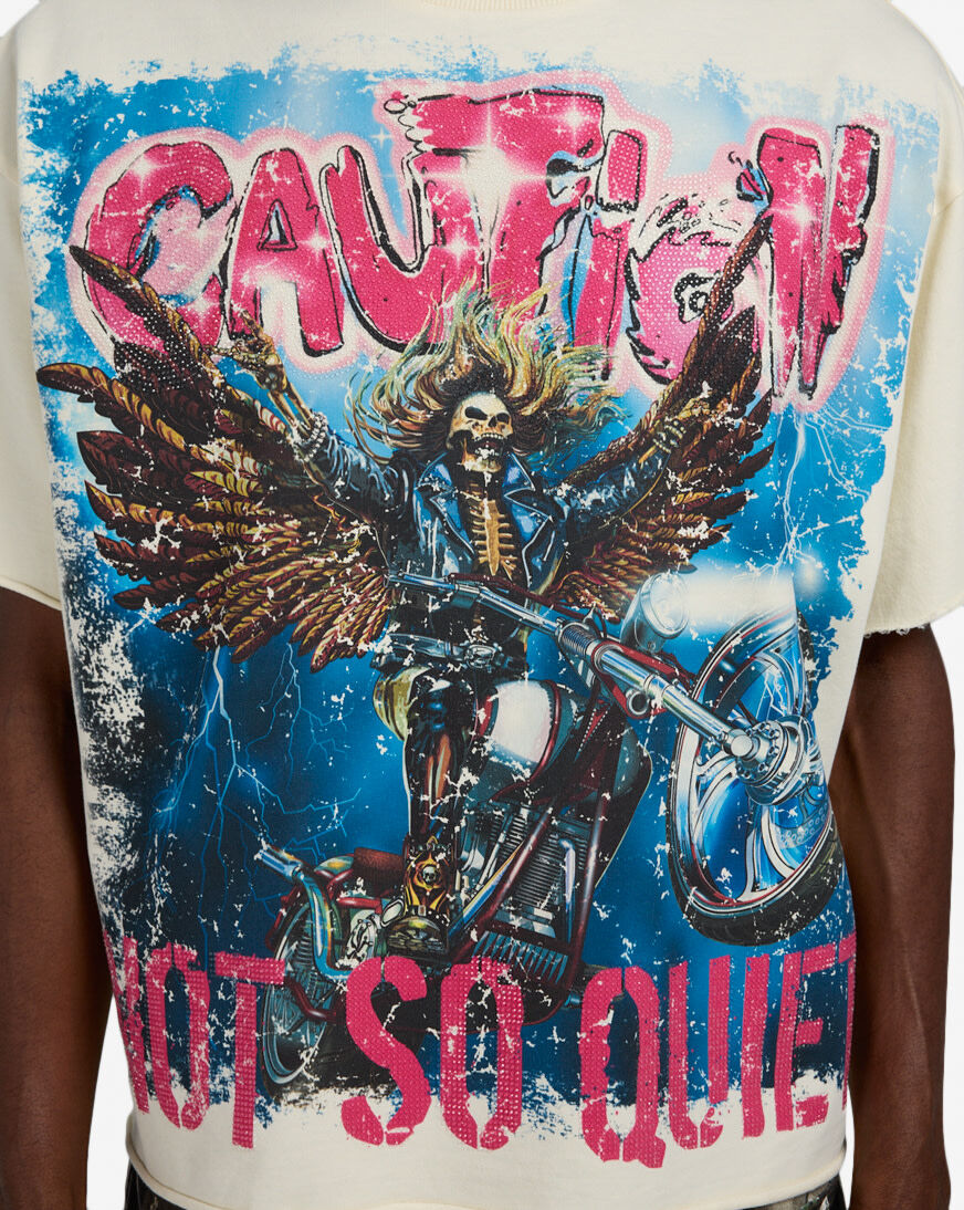 ブー　TOP from Thug Family Street Tale Shop First Row Caution Not So Quiet Terry Cropped Tee FRM1001S-CRM