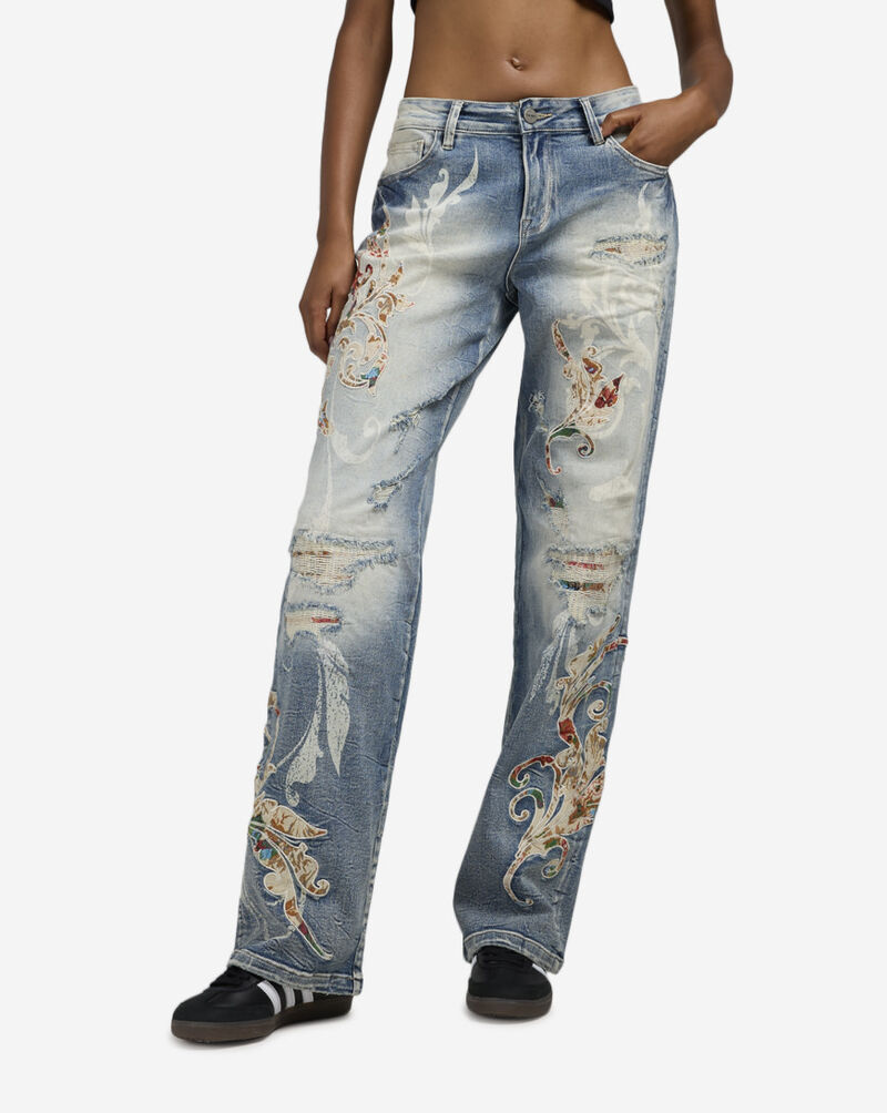 Smoke Rise Wide Leg Distressed Tapestry Denim Jeans AP25601SN-RB Blue 1