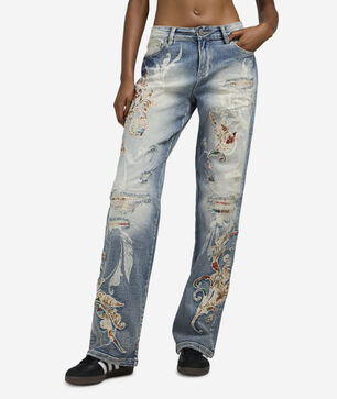 Wide Leg Distressed Tapestry Denim Jeans