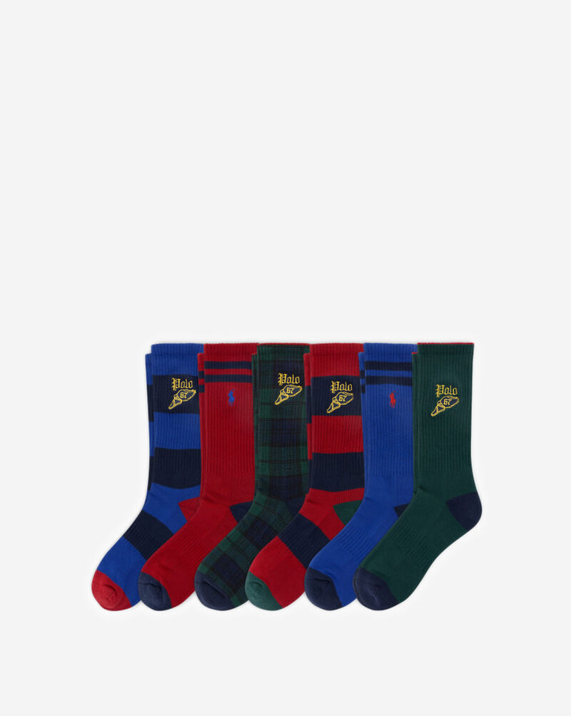 Polo Ralph Lauren Plaid and Stripe Varsity Wing 6Pk Crew Socks (L) 821593PK3-991 Multi 1