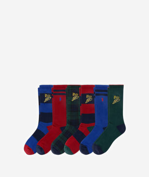Plaid and Stripe Varsity Wing 6Pk Crew Socks (L)