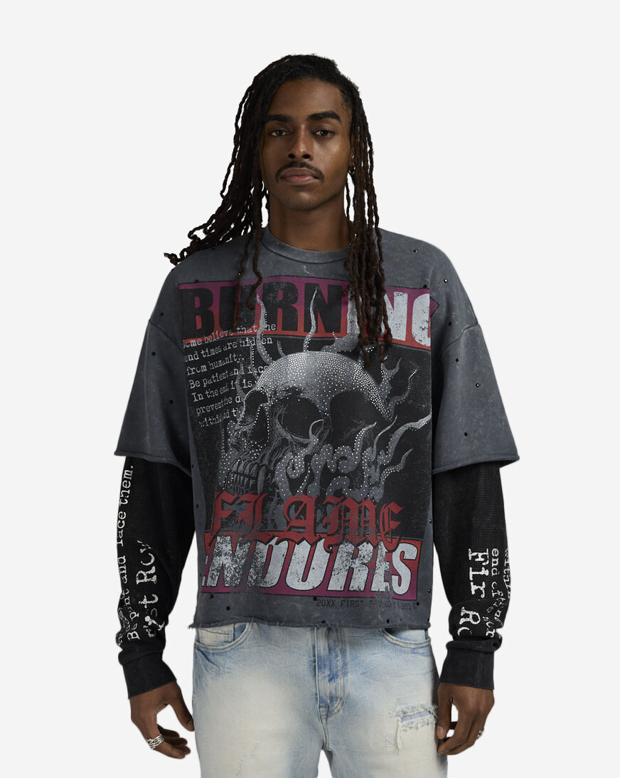 Shop First Row Burning Flames Endorse Long Sleeve Tee FRF3025S-GRY Shop First Row Burning Flames Endorse Long Sleeve Tee FRF3025S-GRY