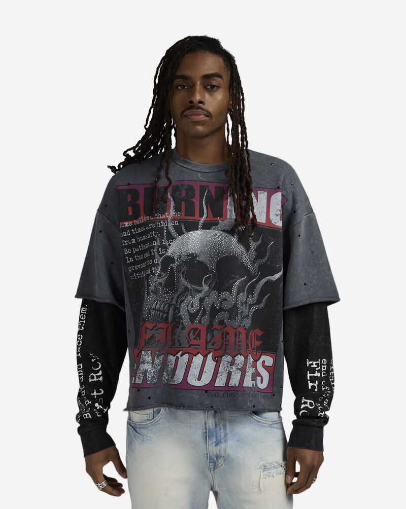 First Row Burning Flames Endorse Long Sleeve Tee FRF3025S-GRY Grey 1