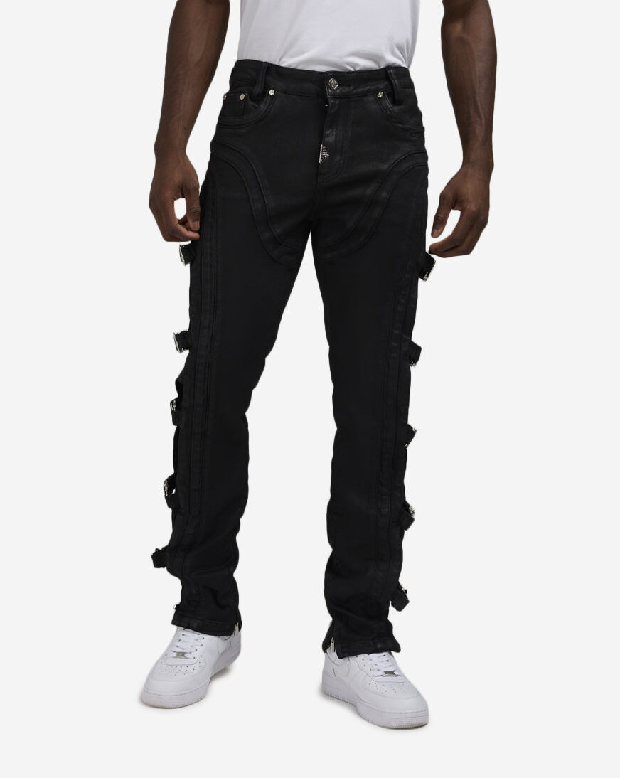 Shop Guapi Obsidian Buckle Denim Jeans OBSIDIAN-BLK-BUCKLE black