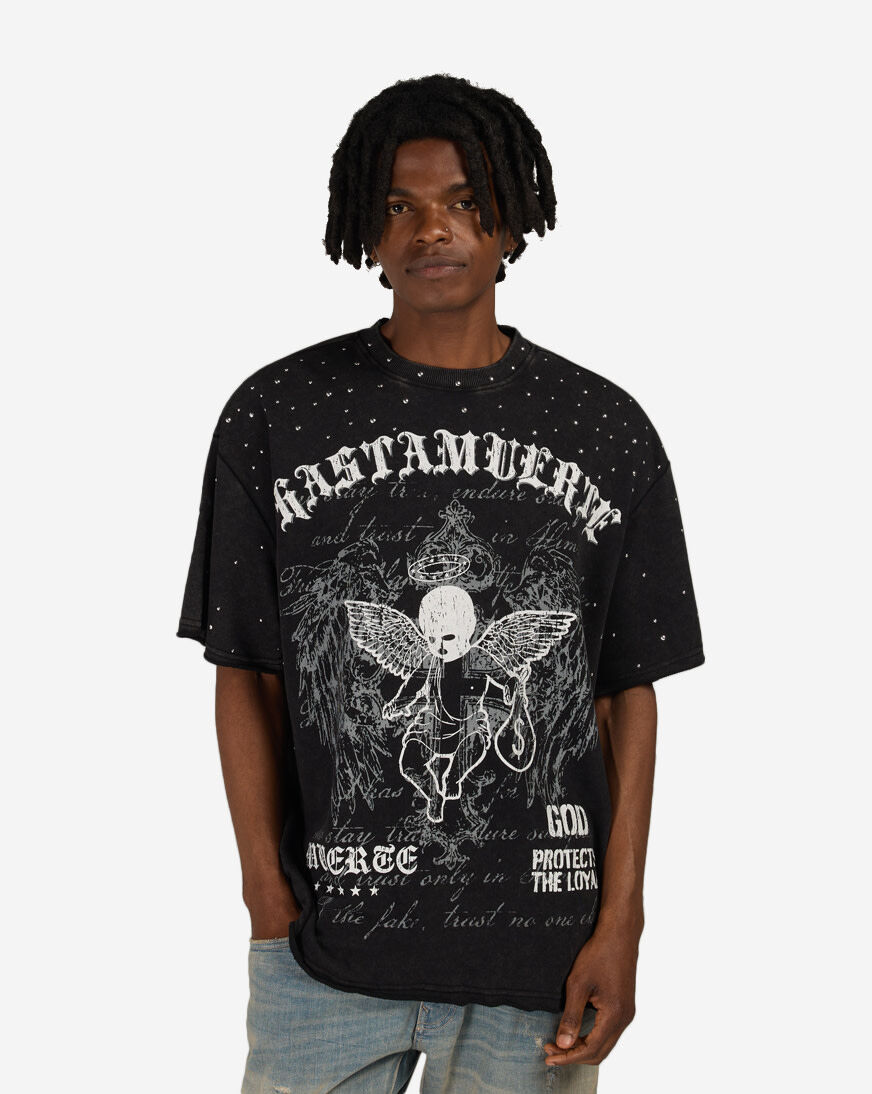 Shop Hasta Muerte Guardian Wings Studded Tee HMGW015-BLK black